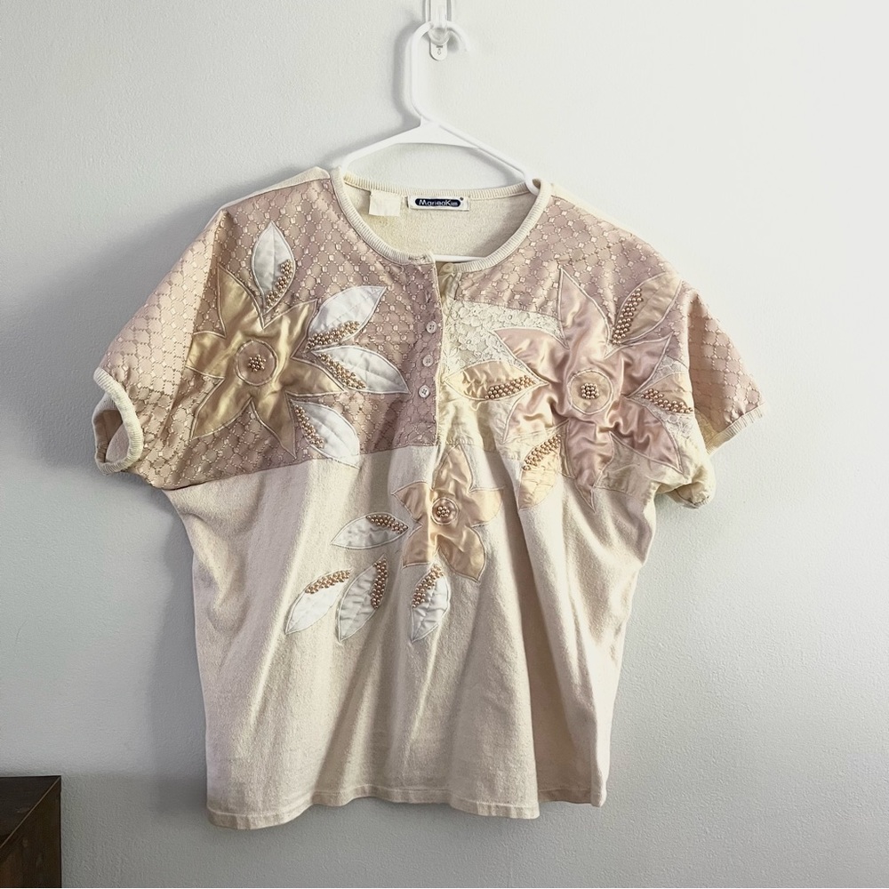Vintage Marieakim 80s 3D Textured Floral Wide Cropped Blouse Cream White Large
